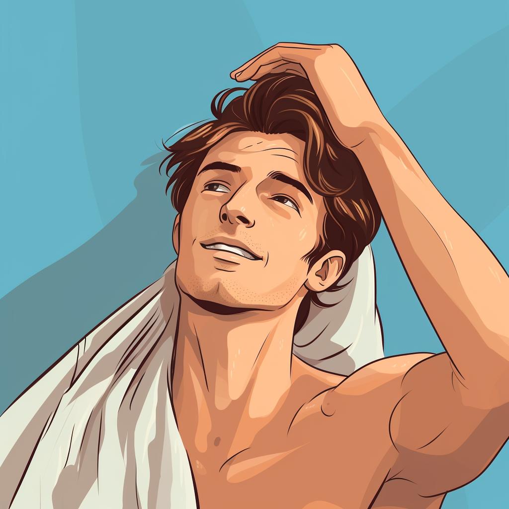 Man gently patting his hair dry with a towel