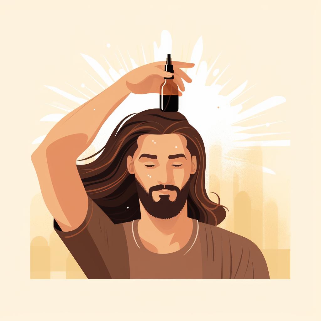 Man applying hair serum to his long, thick hair