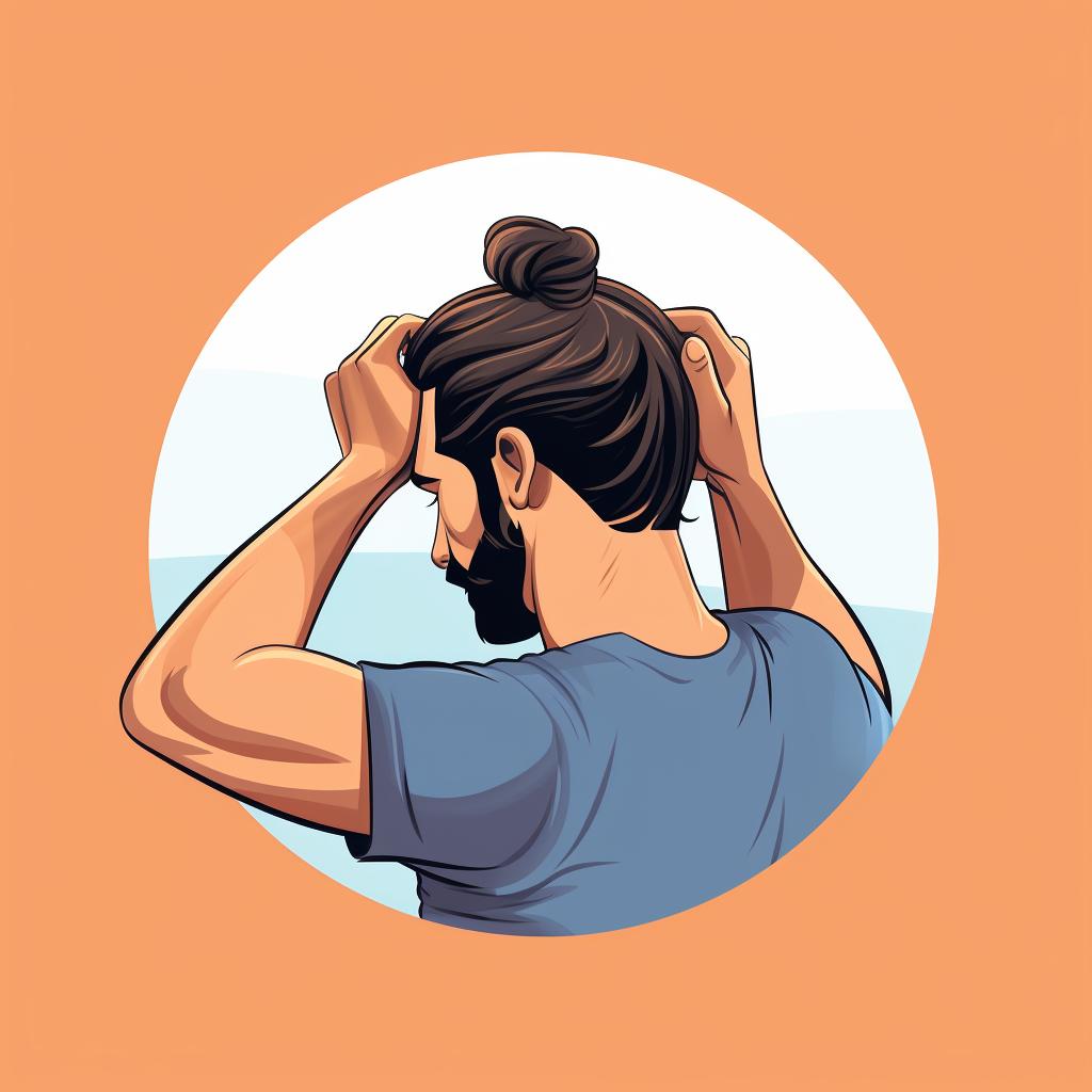 A man securing his bun with a hair tie